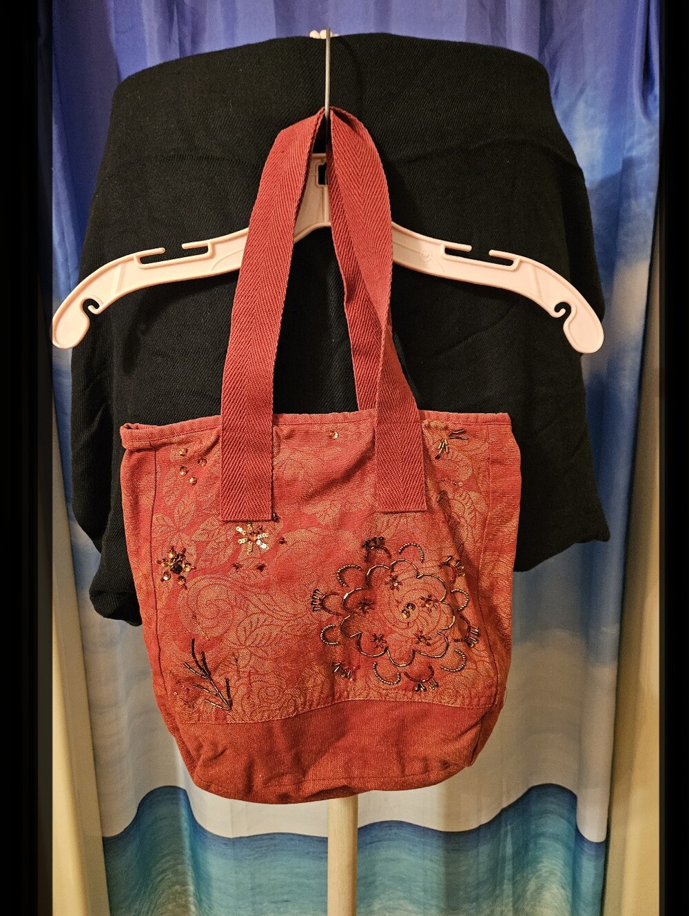 Embroidered Burnt Red Tote Bag with Floral Accents - Picture 6 of 6